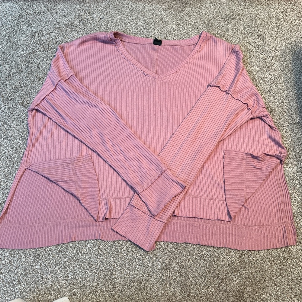 Wild Fable Pink Ribbed V-Neck Sweatshirt
